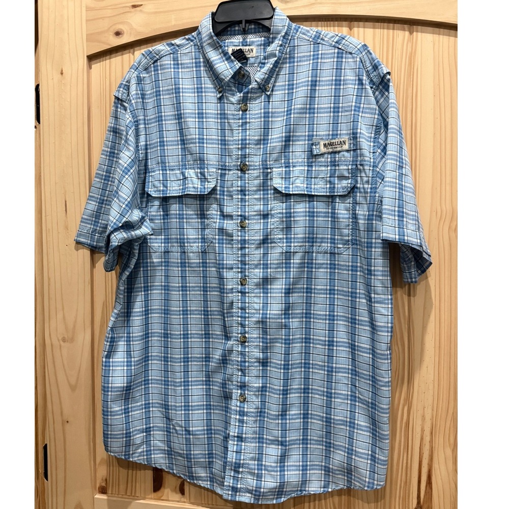 Magellan Sportswear Mens Blue Plaid Short Sleeve Fishing Shirt Large Ventilated